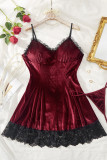 Burgundy Sexy Lace Patchwork Backless Lingerie