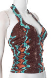 Brown Casual Print Patchwork Backless Halter Tops