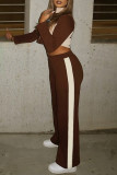 Brown Casual Patchwork Zipper Contrast Zipper Collar Long Sleeve Two Pieces