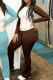 Brown Casual Patchwork Contrast O Neck Long Sleeve Two Pieces