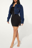Deep Blue Casual Solid Color Pocket Buckle Patchwork Turndown Collar Long Sleeve Regular Denim Jacket