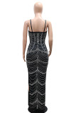 Black Sexy Patchwork High Slit Hot Drill Spaghetti Strap Sling Dresses
