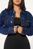 Deep Blue Casual Solid Color Pocket Buckle Patchwork Turndown Collar Long Sleeve Regular Denim Jacket