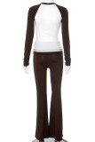 Brown Casual Patchwork Contrast O Neck Long Sleeve Two Pieces