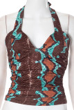 Brown Casual Print Patchwork Backless Halter Tops