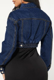 Deep Blue Casual Solid Color Pocket Buckle Patchwork Turndown Collar Long Sleeve Regular Denim Jacket
