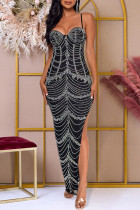 Black Sexy Patchwork High Slit Hot Drill Spaghetti Strap Sling Dresses