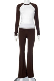 Brown Casual Patchwork Contrast O Neck Long Sleeve Two Pieces