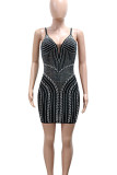Black Sexy Patchwork Backless Hot Drill Spaghetti Strap Sling Dresses