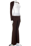 Brown Casual Patchwork Contrast O Neck Long Sleeve Two Pieces