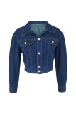 Deep Blue Casual Solid Color Pocket Buckle Patchwork Turndown Collar Long Sleeve Regular Denim Jacket