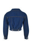 Deep Blue Casual Solid Color Pocket Buckle Patchwork Turndown Collar Long Sleeve Regular Denim Jacket