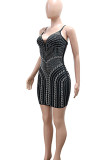 Black Sexy Patchwork Backless Hot Drill Spaghetti Strap Sling Dresses