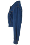 Deep Blue Casual Solid Color Pocket Buckle Patchwork Turndown Collar Long Sleeve Regular Denim Jacket