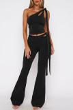 Black Casual Solid Color Hollow Out Patchwork Backless Oblique Collar Two Pieces
