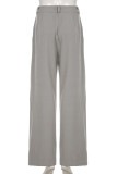 Grey Casual Solid Color Pocket Buttons Patchwork Zipper Loose Mid Waist Conventional Patchwork Bottoms