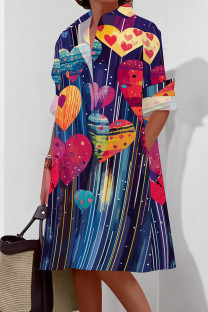 Multi-color Casual Print Pocket Buckle Patchwork Shirt Collar Shirt Dresses