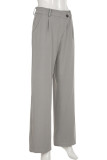 Grey Casual Solid Color Pocket Buttons Patchwork Zipper Loose Mid Waist Conventional Patchwork Bottoms