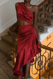 Red Elegant Solid Color Hollow Out Patchwork High Slit Oblique Collar Irregular Dresses