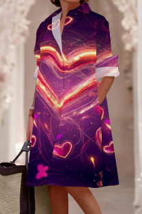 Dark Purple Casual Print Pocket Buckle Patchwork Shirt Collar Shirt Dresses