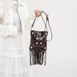 Black Daily Solid Color Fringed Trim Rivets Bags