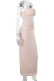 Skin Color Elegant Solid Color Patchwork Backless Spaghetti Strap Sling Dresses