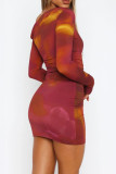 Red Casual Print Patchwork Oblique Collar Wrapped Skirt Dresses