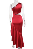 Red Elegant Solid Color Hollow Out Patchwork High Slit Oblique Collar Irregular Dresses