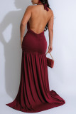 Black Sexy Formal Elegant Solid Color Backless Slit Ruched Belted Deep V Neck Long Dresses
