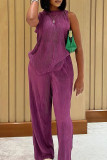 Purple Casual Solid Color Patchwork O Neck Two Pieces