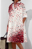 White Red Casual Print Buckle Patchwork Shirt Collar Shirt Dresses
