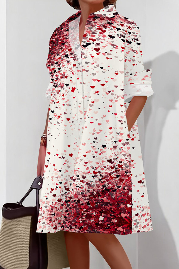 Red White Casual Print Buckle Patchwork Shirt Collar Shirt Dresses