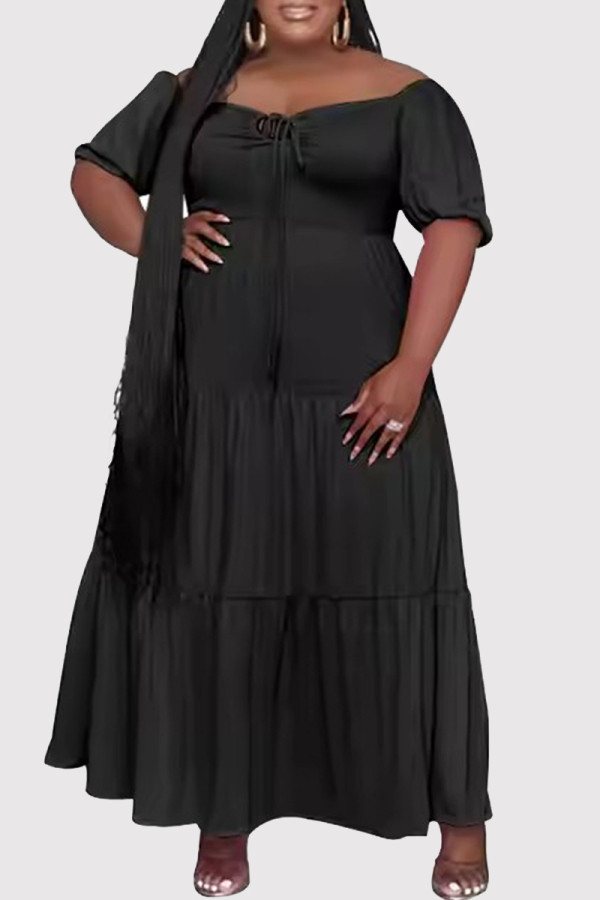 Black Casual Solid Color Patchwork Backless Off Shoulder Long Dresses