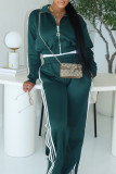 Green Casual Patchwork Zipper Contrast Zipper Collar Long Sleeve Two Pieces