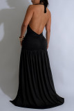 Black Sexy Formal Elegant Solid Color Backless Slit Ruched Belted Deep V Neck Long Dresses