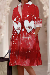 Red White Casual Print Pocket Buckle Patchwork Shirt Collar Shirt Dresses