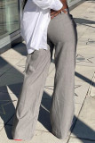 Grey Casual Solid Color Pocket Buttons Patchwork Zipper Loose Mid Waist Conventional Patchwork Bottoms