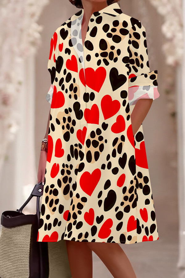 Leopard Print Casual Print Pocket Buckle Patchwork Shirt Collar Shirt Dresses