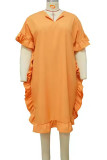 Lemon Yellow Casual Solid Color Patchwork Ruffled Trim V Neck Long Dresses