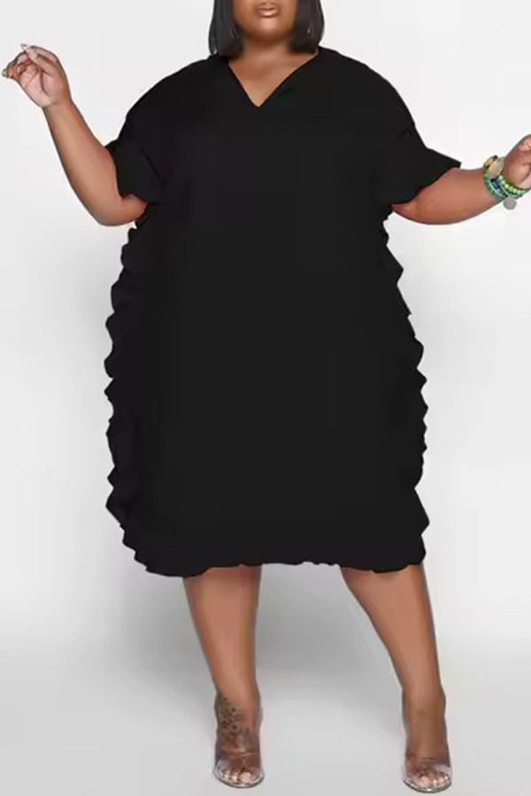 Black Casual Solid Color Patchwork Ruffled Trim V Neck Long Dresses
