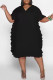 Black Casual Solid Color Patchwork Ruffled Trim V Neck Long Dresses