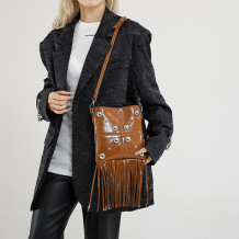 Brown Daily Solid Color Fringed Trim Rivets Bags