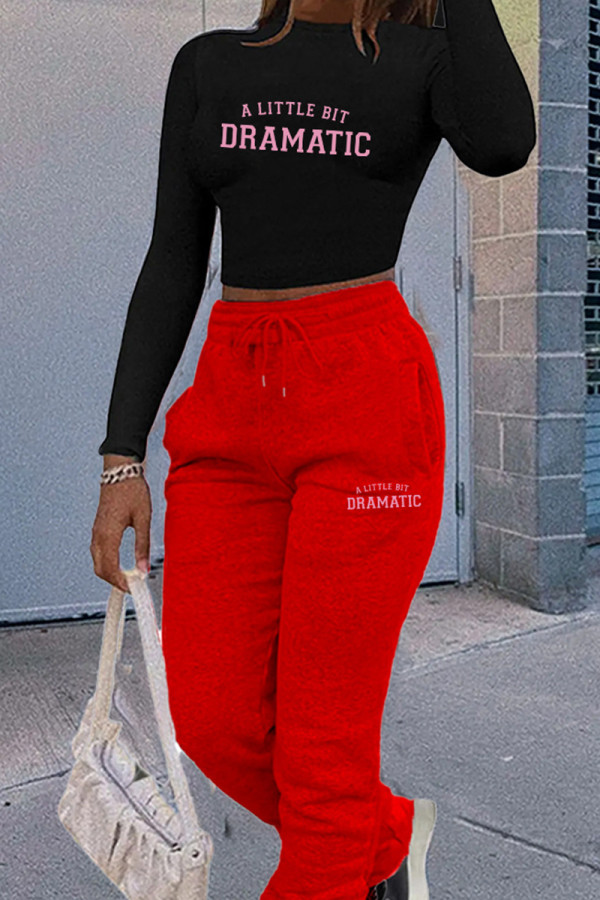 Black Red Casual Letters Draw String Patchwork O Neck Long Sleeve Two Pieces