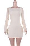 Apricot Sexy Solid Color Patchwork Backless Bow Decor O Neck Wrapped Skirt Dresses