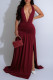 Burgundy Sexy Formal Elegant Solid Color Backless Slit Ruched Belted Deep V Neck Long Dresses