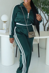 Green Casual Patchwork Zipper Contrast Zipper Collar Long Sleeve Two Pieces