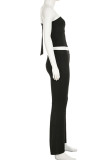 Black Casual Solid Color Hollow Out Patchwork Backless Oblique Collar Two Pieces