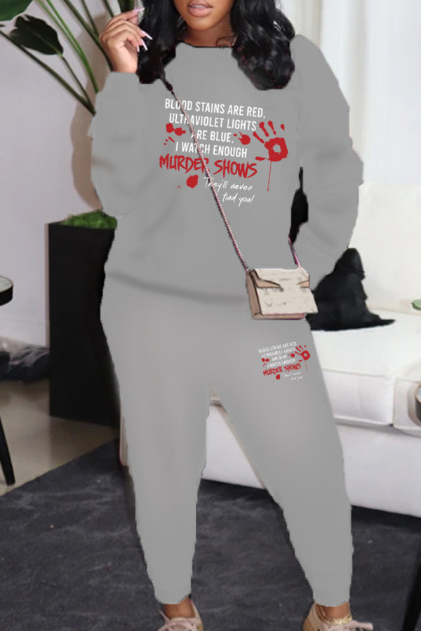 Grey Casual Letters Patchwork O Neck Long Sleeve Two Pieces