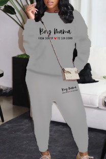 Grey Casual Print Pocket Patchwork O Neck Long Sleeve Two Pieces