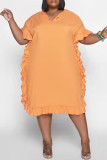 Lemon Yellow Casual Solid Color Patchwork Ruffled Trim V Neck Long Dresses